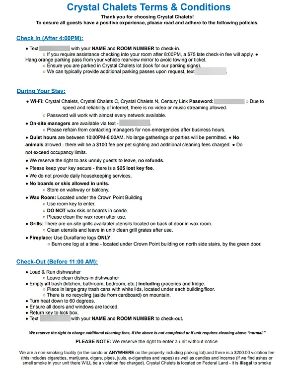 Crystal Chalets terms and conditions page 1